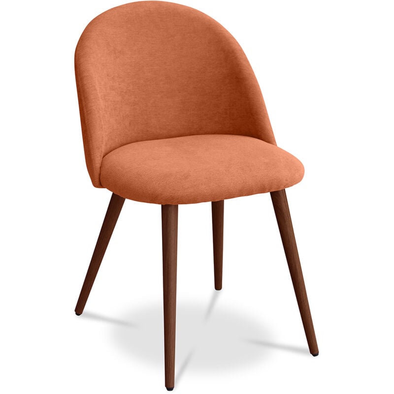 

Silla de comedor Evelyne Diseño Escandinavo Premium - Patas oscuras Naranja Metal con pintura de transferencia de madera, Lino, Madera