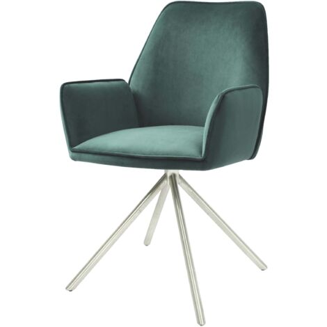 Silla de comedor HHG-851, silla de cocina Silla con reposabrazos, posición automática giratoria, terciopelo MVG, verde, acero inoxidable