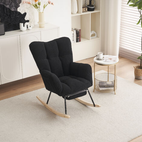 Silla de comedor mecedora con tela de peluche de osito de peluche cojines suaves y reposapiés retráctil negro