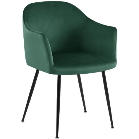Silla de comedor moderna y atemporal de terciopelo verde oscuro con respaldo redondeado y patas de metal negro 100007423