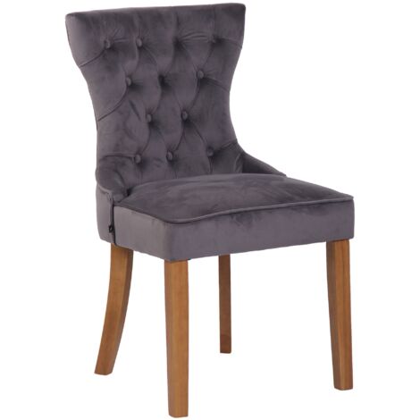 Silla de comedor x 1 estilo Chesterfield respaldo acolchado en terciopelo gris y patas de madera clara 100003736