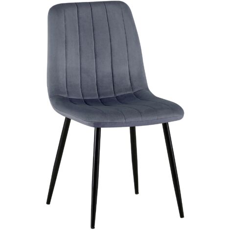 Silla de comedor x1 asiento con costuras decorativas verticales en tela de terciopelo gris oscuro patas de metal negro 100002206