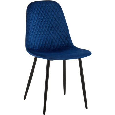 Silla de comedor x1 asiento decorativo de terciopelo azul con costuras de rombos patas de metal negro mate 100002244