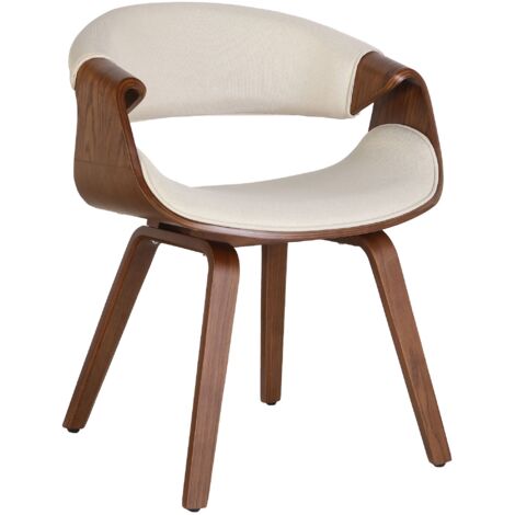Silla de comedor x1 con reposabrazos de diseño retro en tela crema y madera marrón 100007444