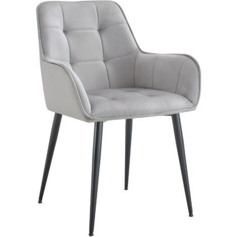 Silla de comedor x1 con reposabrazos en terciopelo capitoné gris claro estructura de metal negro 100007198