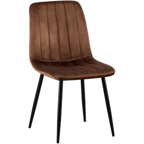 Silla de comedor x1 costuras verticales decorativas asiento de terciopelo marrón patas de metal negro 100007284
