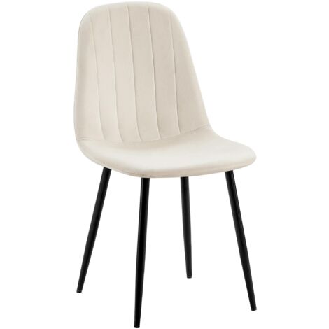 Silla de comedor x1 diseño moderno costura vertical terciopelo blanco crema y patas de metal negro 100001982