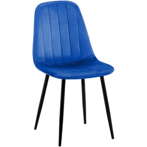 Silla de comedor x1 diseño moderno terciopelo azul pespuntes verticales y patas de metal negro 100001980
