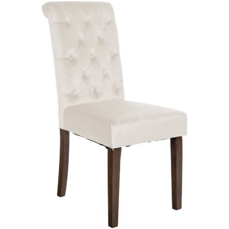 Silla de comedor x1 elegante tapizado de terciopelo crema capitoné y cómodo estructura de madera marrón oscuro 100007383