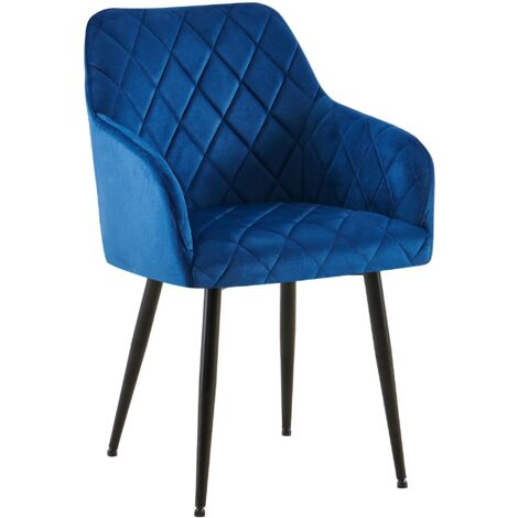 Silla de comedor x1 en terciopelo azul con costuras decorativas de rombos patas negras elegantes y contemporáneas 100007641