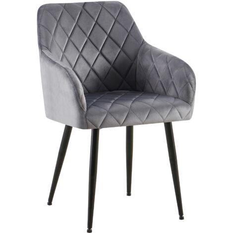 Silla de comedor x1 en terciopelo gris oscuro con costuras de rombos y patas de metal negro 100007220
