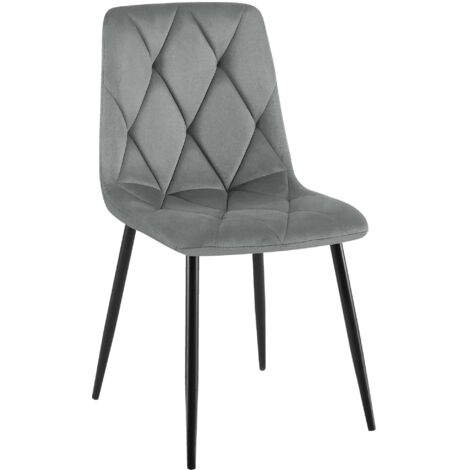 Silla de comedor x1 en terciopelo gris oscuro con costuras decorativas de rombos y estructura de metal 100007189