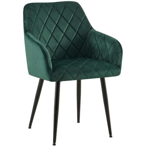 Silla de comedor x1 en terciopelo verde con costuras decorativas de rombos patas negras elegantes y contemporáneas 100007416