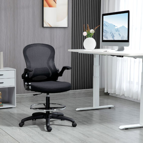 Silla de Dibujo Giratoria con Soporte Lumbar Reposapiés Ajustable y Reposabrazos Abatibles 59x65x102-122 cm Negro