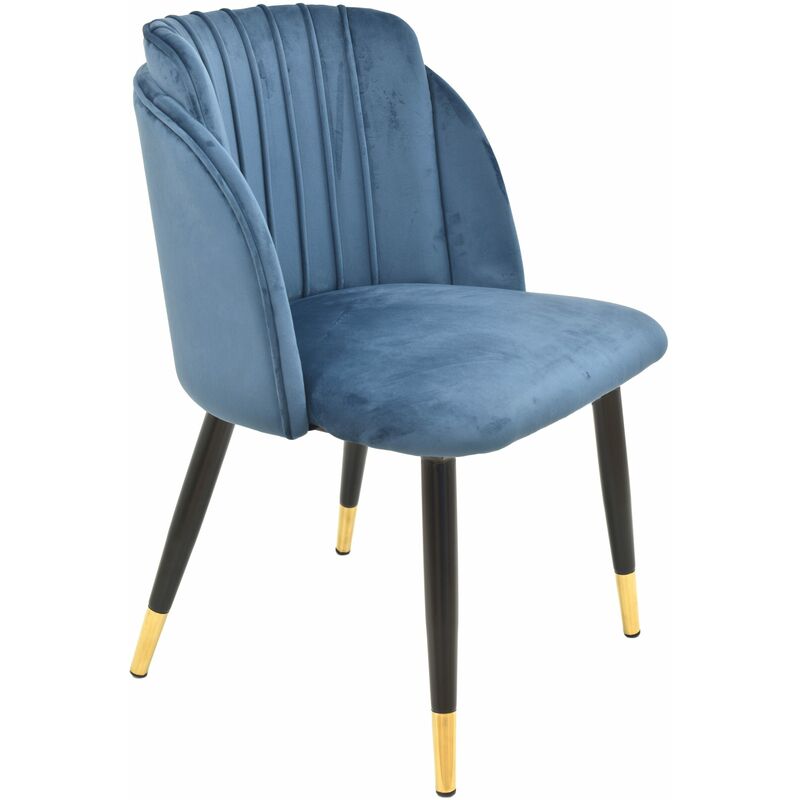 

Silla de diseño 'Glamour', armazón metálico con acabado epoxi negro y detalle en dorado mate, asiento y respaldo tapizados en terciopelo azul.