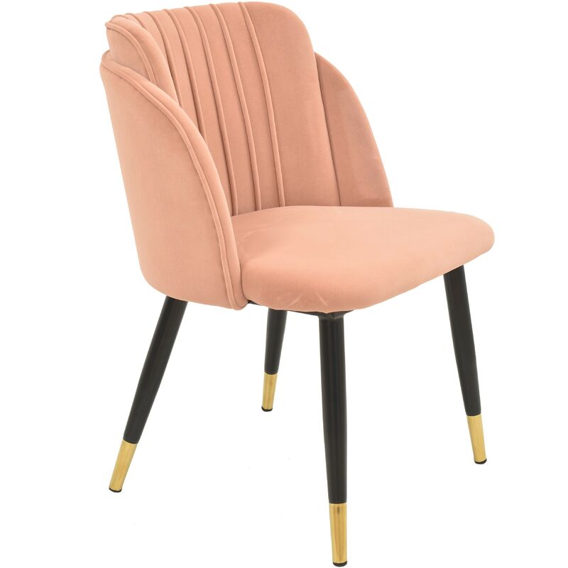 

Silla de diseño 'Glamour', armazón metálico con acabado epoxi negro y detalle en dorado mate, asiento y respaldo tapizados en terciopelo rosa.