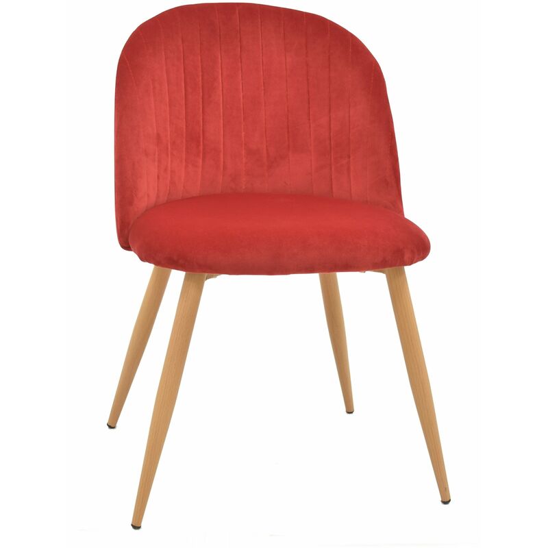 

Silla de diseño "Velvet" con armazón metálico muy resistente acabado en imitación madera. Asiento y respaldo tapizados en terciopelo de color rojo