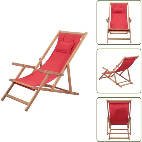 Silla de exterior - vidaXL Silla de playa plegable de tela y estructura de madera roja - Silla reclinable