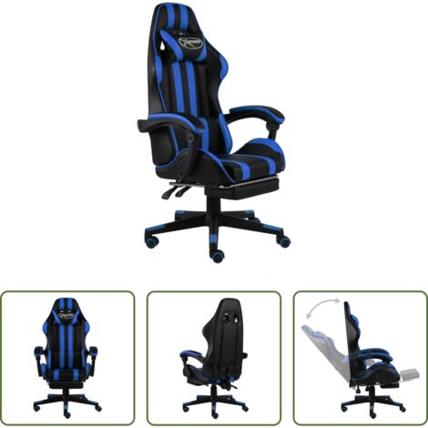 Silla de gamer - Silla gaming con reposapiés cuero sintético negro y azul