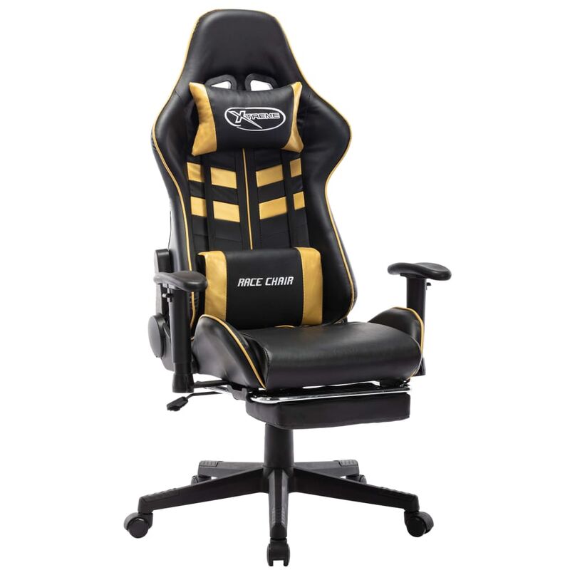 

Silla de gaming con reposapiés cuero sintético negro y dorado