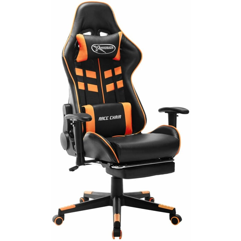 

Silla de gaming con reposapies cuero sintetico negro y naranja