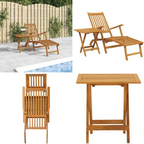 Silla de jardín con reposapiés y mesita madera maciza de acacia - Mesa de jardín - Madera de acacia