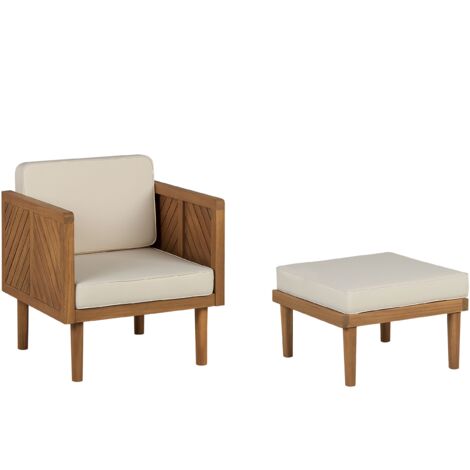 Silla de jardín de madera de acacia clara beige claro con otomana cojines reposabrazos Baratti
