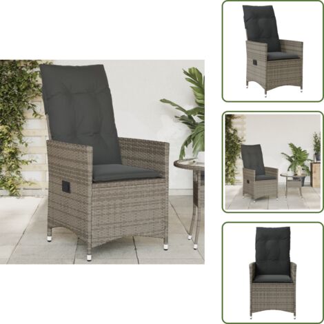 Silla de jardín gris - vidaXL Sillón reclinable de jardín con cojines ratán sintético gris - Silla de jardín con respaldo ajustable