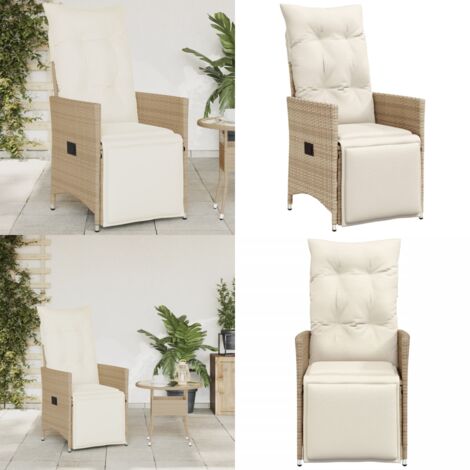 Silla de jardín reclinable con cojines ratán sintético beige - Ratán sintético - Cojín de asiento