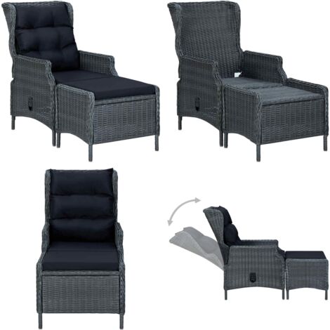 Silla de jardín reclinable con reposapiés ratán PE gris oscuro - Silla de jardín con reposapiés - Silla de jardín con respaldo ajustable