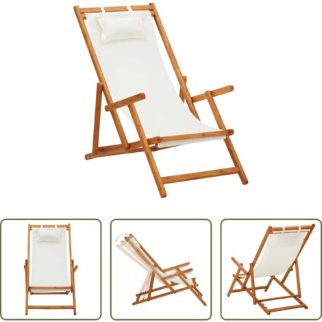 Silla de jardín -  Silla de playa plegable madera maciza de eucalipto y tela crema