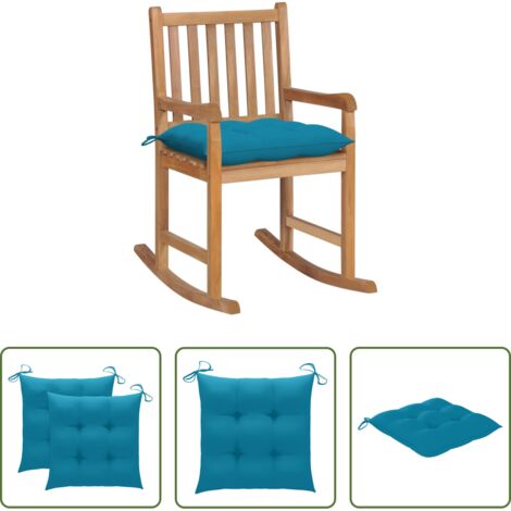 Silla de jardín -  Silla mecedora de madera maciza de teca con cojín azul claro