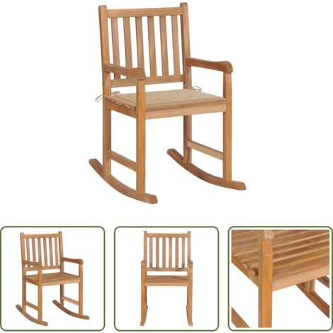 Silla de jardín -  Silla mecedora de madera maciza de teca con cojín beige