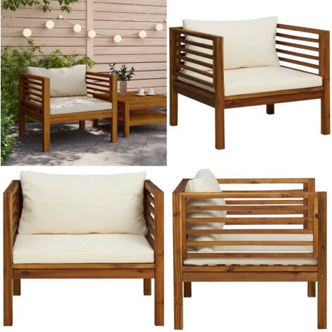Silla de jardín y cojines blanco crema madera maciza de acacia - Cojín de asiento - Cojín de respaldo