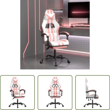 Silla de juego -  Silla gaming con reposapiés cuero sintético blanco y rosa