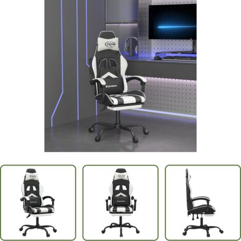 Silla de juego -  Silla gaming con reposapiés cuero sintético negro blanco