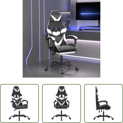 Silla de juego -  Silla gaming con reposapiés cuero sintético negro blanco