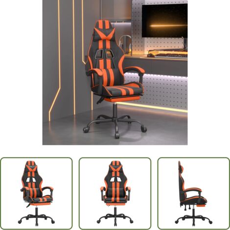 Silla de juego -  Silla gaming con reposapiés cuero sintético negro naranja
