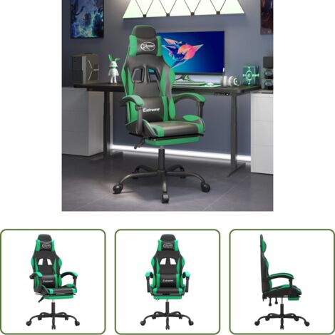 Silla de juego -  Silla gaming con reposapiés cuero sintético negro verde