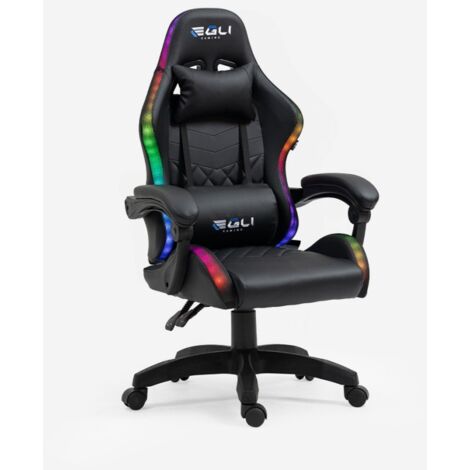 EGLI Silla de juegos ergonómica LED RGB 2 cojines The Horde junior