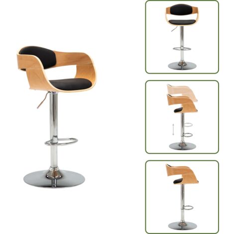 Silla de madera curvada - vidaXL Taburete de cocina de madera curvada y cuero sintético negro - Silla con reposapiés