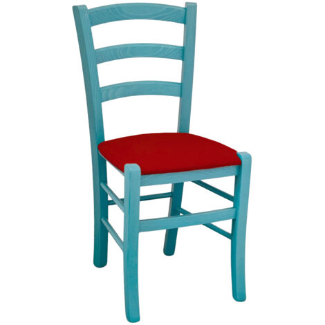 Silla de madera Venezia turquesa con asiento en piel sintética rojo