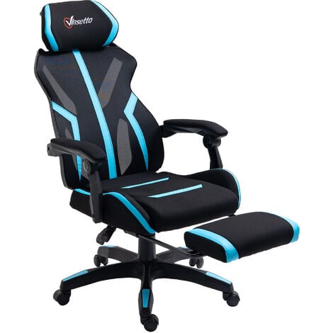 Silla de Oficina con Altura Ajustable Inclinación Reposabrazos Reposacabezas Regulable y Reposapiés Plegable Giratoria 65x65x119-129 cm Azul