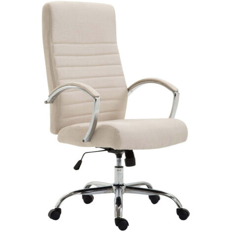 Silla de oficina con mecanismo basculante reposabrazos costuras decorativas en tela crema y metal cromado 100006962