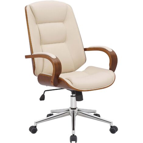 Silla de oficina con reposabrazos regulables en altura en piel sintética color crema estructura de madera curvada y metal 100007034