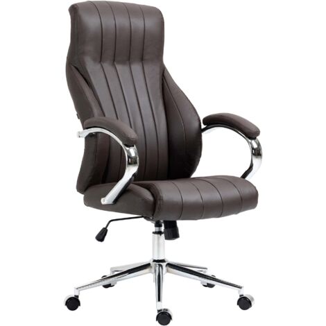 Silla de oficina con reposabrazos y costuras verticales en piel auténtica marrón estructura de metal cromado 100007047