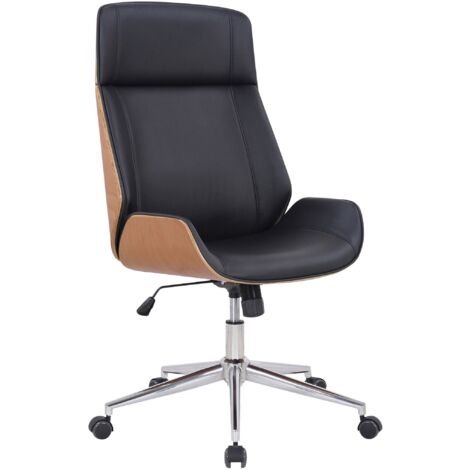 Silla de oficina con respaldo alto y ruedas, sintética negra y madera clara, regulable en altura BUR10457