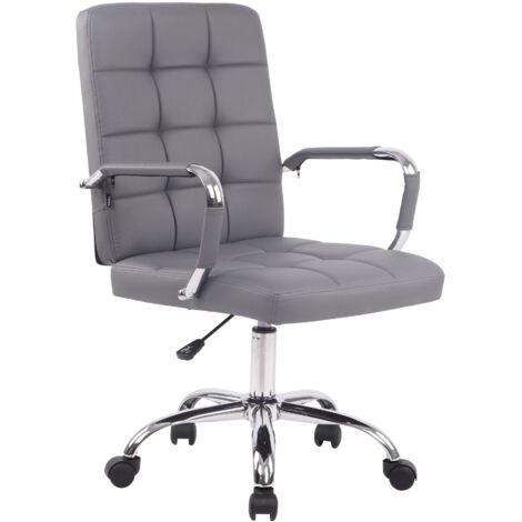 Silla de oficina con ruedas apoyabrazos cuadrados con costuras decorativas en PVC gris y metal cromado 100002464