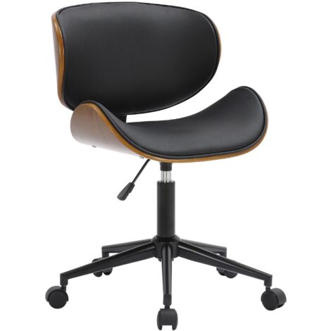 Silla de oficina con ruedas con estructura de madera curvada marrón, asiento tapizado en símil piel negra BUR10704