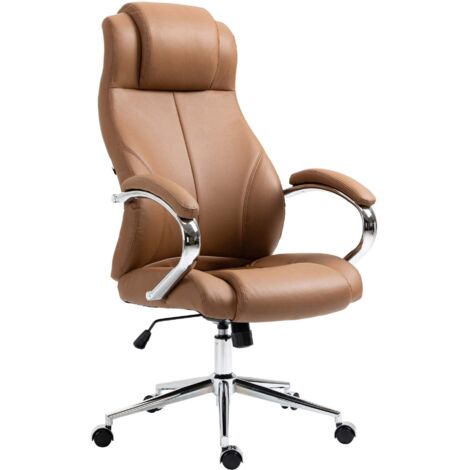 Silla de oficina con ruedas respaldo ergonómico en forma de S piel auténtica marrón claro y reposacabezas de metal 100006955